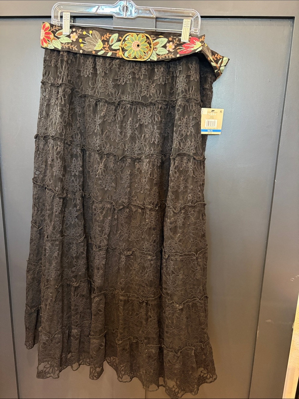 689. John Mark Boho Tiered Lace Maxi Skirt with Embroidered Belt - Black